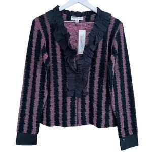 Andria Lieu NWT Black & Pink Stretch‎ Ruffle Zipper Front Closure Blouse Medium